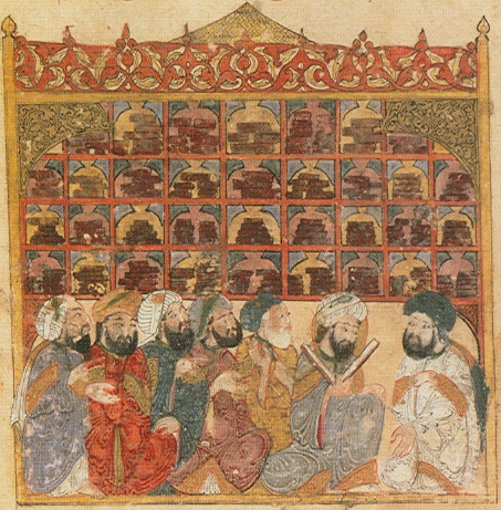 Ilustración del siglo XIII que muestra una grupo de estudiosos en un biblioteca pública de Al Andalus (Wikicommons)