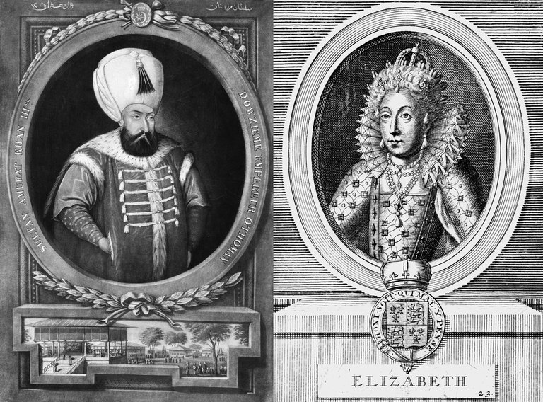 A la izquierda, Murad III, emperador otomano; a la derecha Isabel, reina de Inglaterra